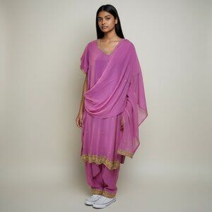 Punjabi Suit Est. L Pink 3pc Embroidered + Sequins Sheer‎ Dupatta Desi Fusion